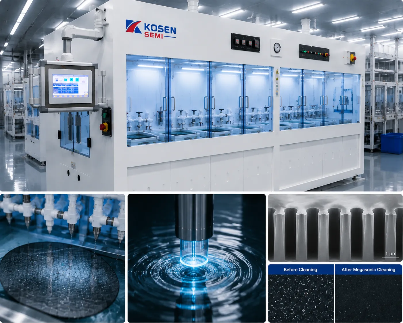 Megasonic 200 nm particle removal system for optoelectronic device manufacturing