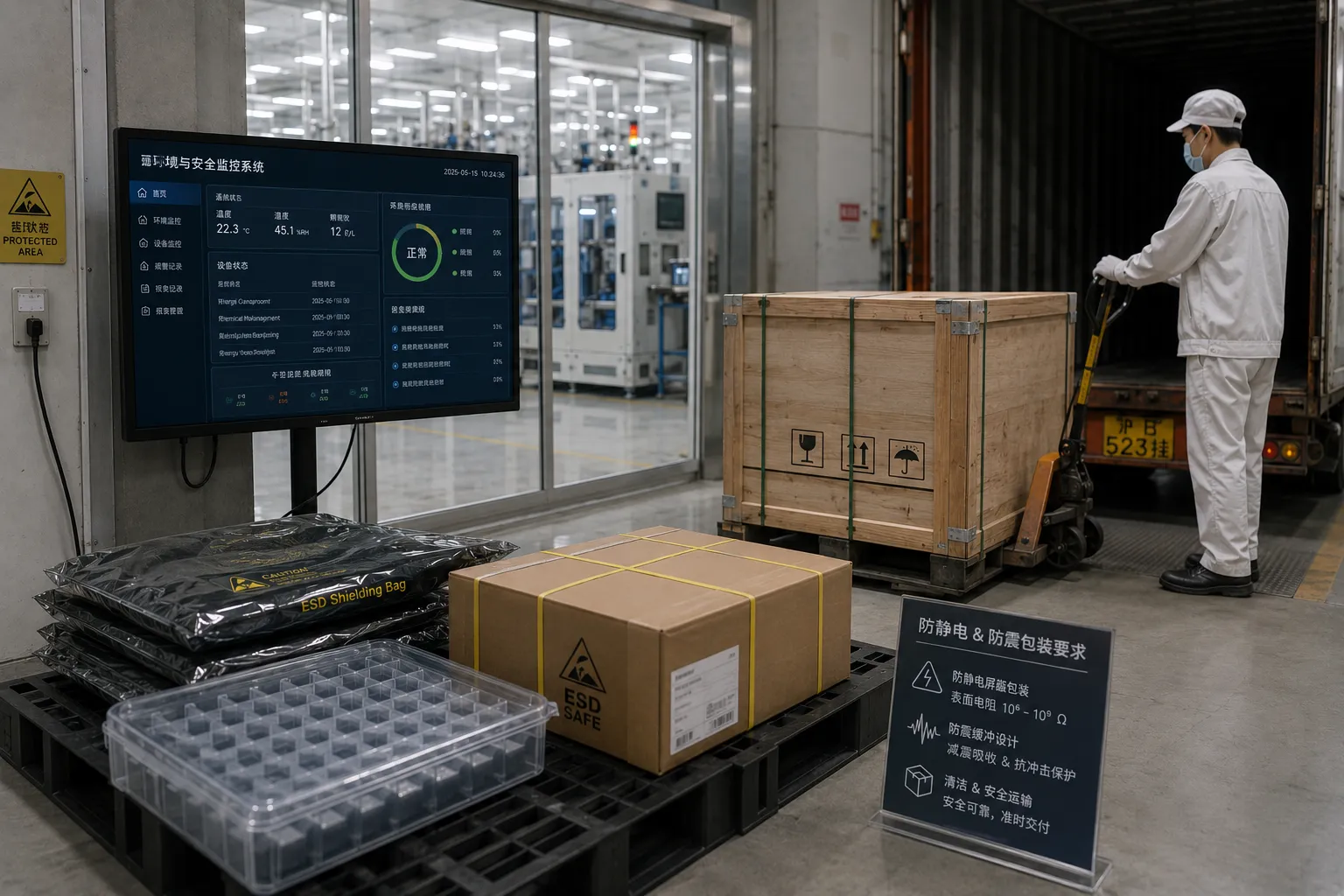 ESD anti-vibration packaging and digital barcode lot tracking in automated facility