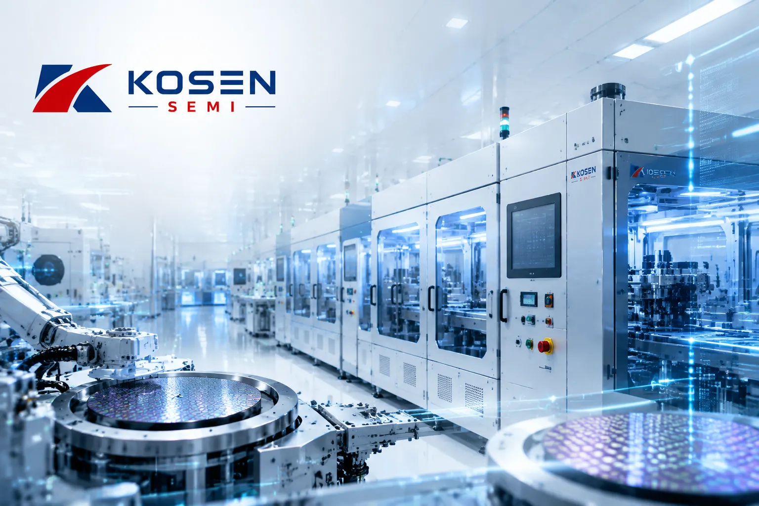 Automated wet processing equipment operating inside an ISO Class 5&ndash;7 semiconductor cleanroom environment