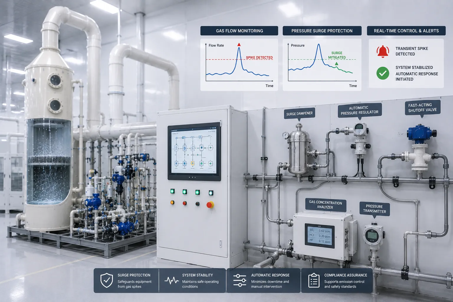 Transient gas surge handling and chemical dosing control scrubber system
