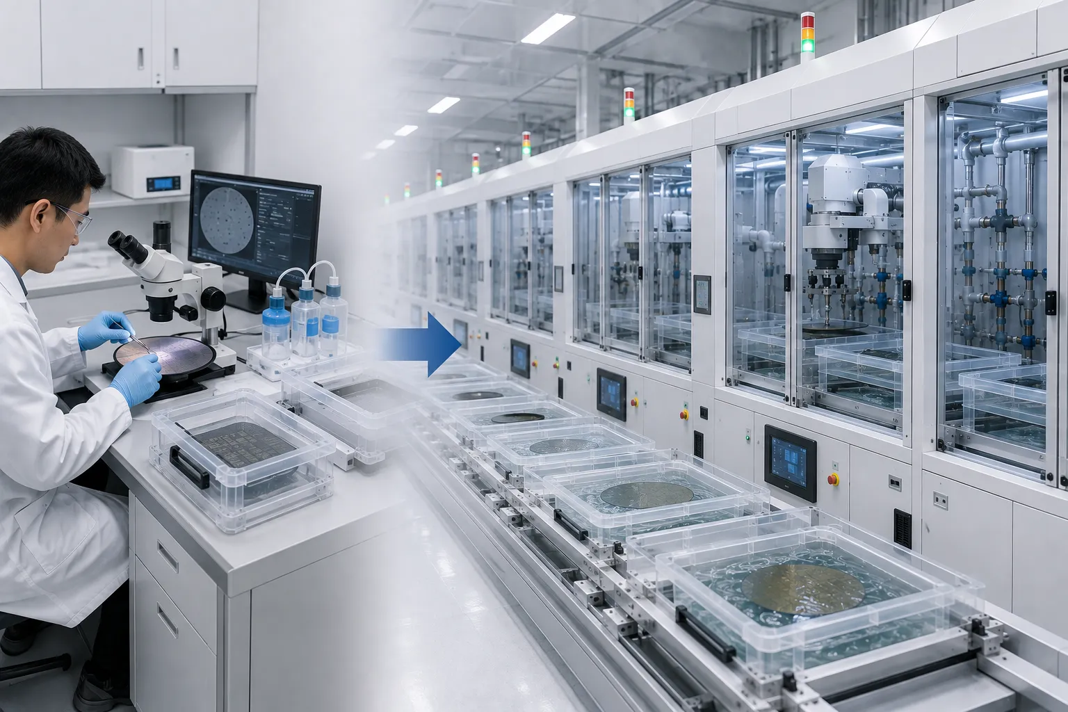 KOSEN SEMI automatic wet bench system comparison with manual wet bench platform for semiconductor fab automation