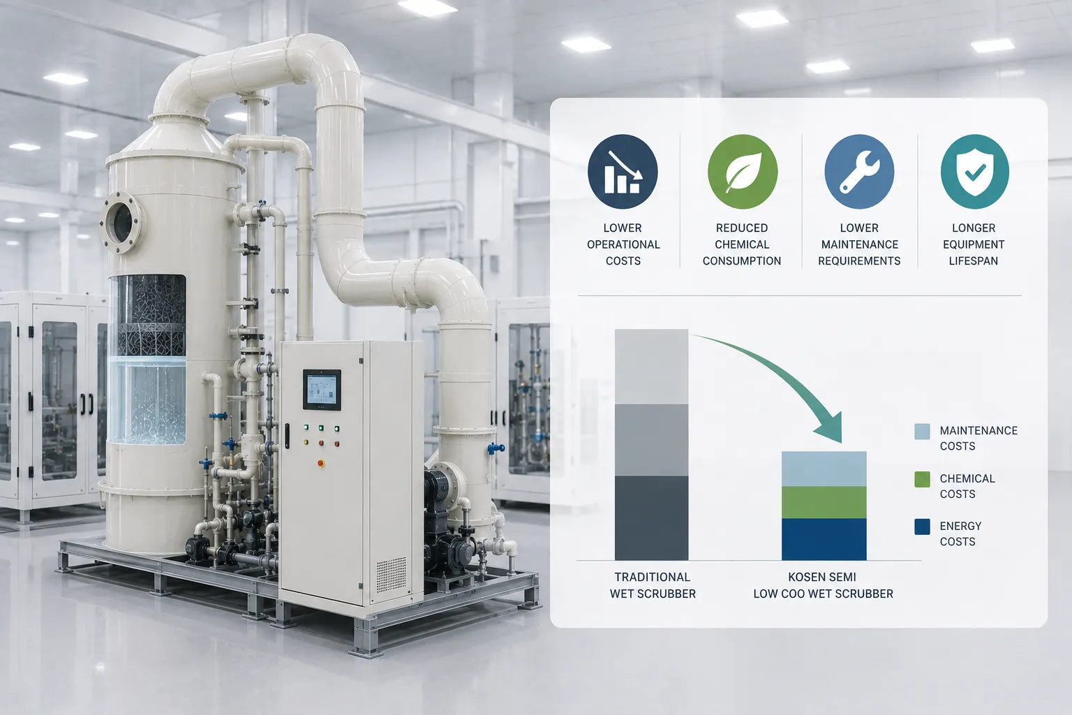 KOSEN SEMI SEMATECH compliant low COO wet scrubber system for semiconductor manufacturing