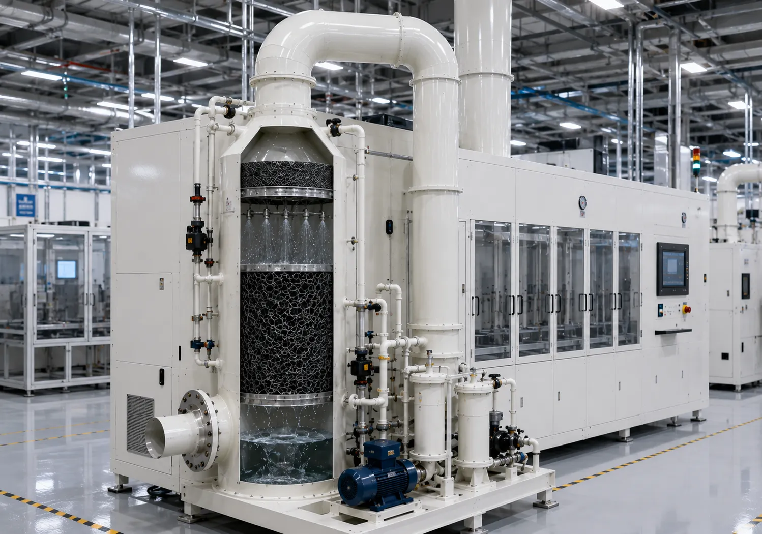 Multi stage wet packed tower scrubber diagram highlighting fluid dynamics