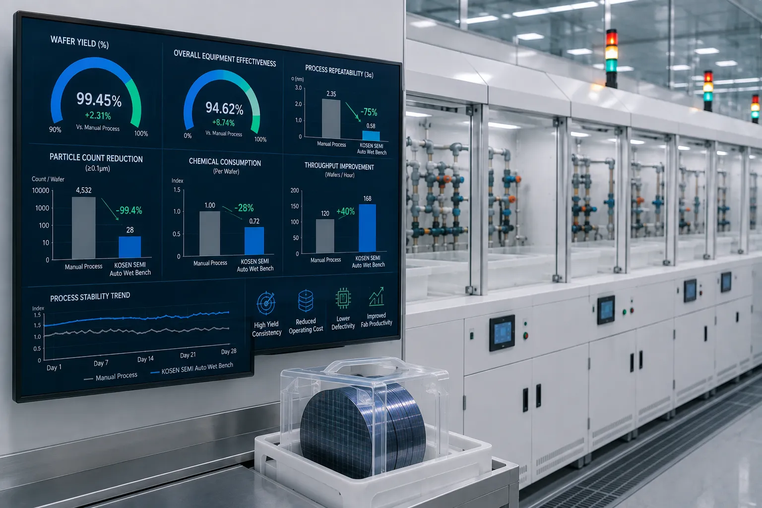 KOSEN SEMI automated wet bench system robotic wafer transfer and chemical processing