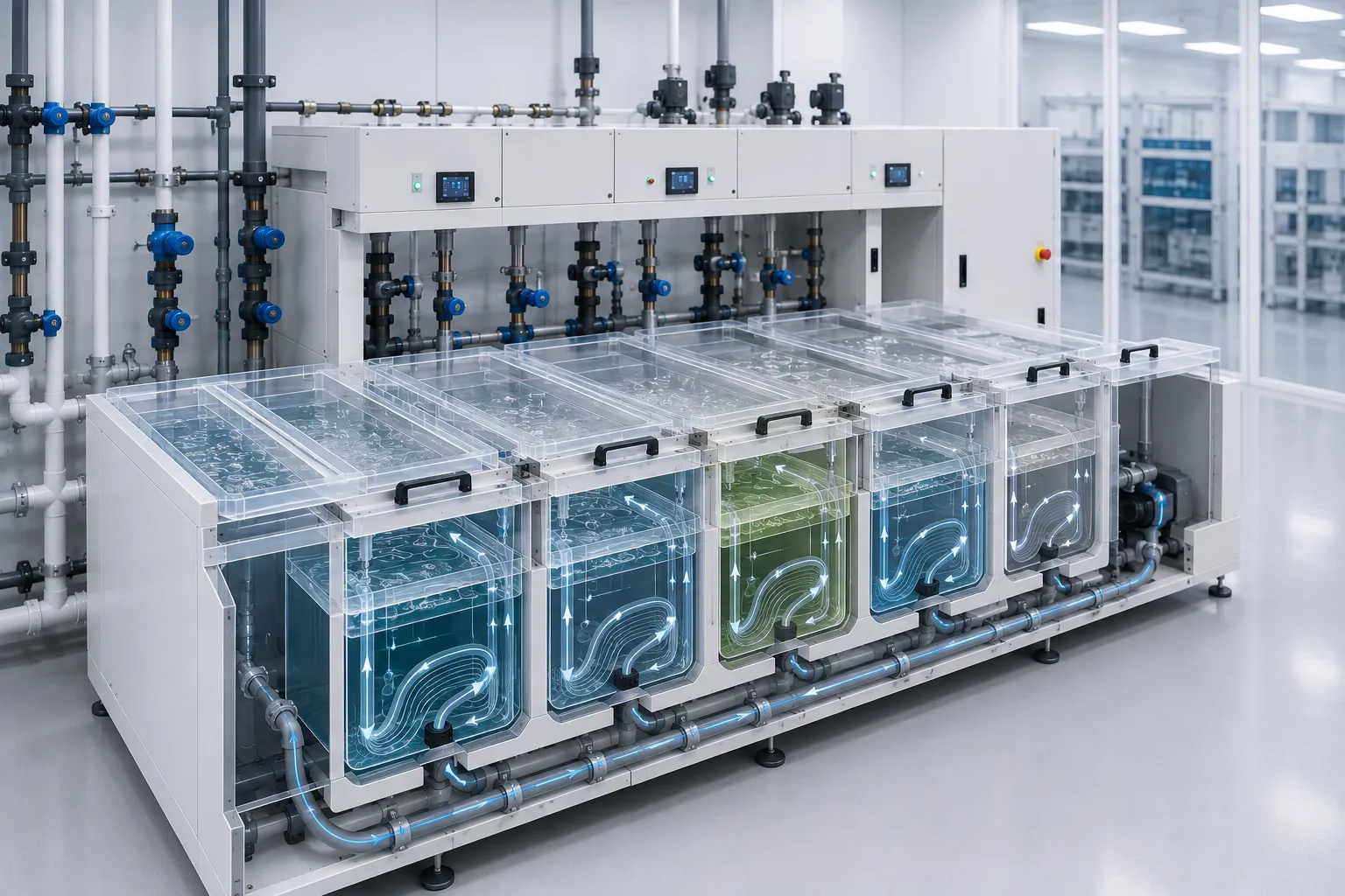 Custom bath configuration for semiconductor wet bench equipment showing quartz megasonic and PTFE acid baths