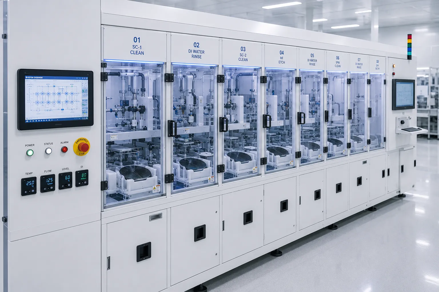 Automated wet bench system for batch wafer cleaning and etching in semiconductor fab