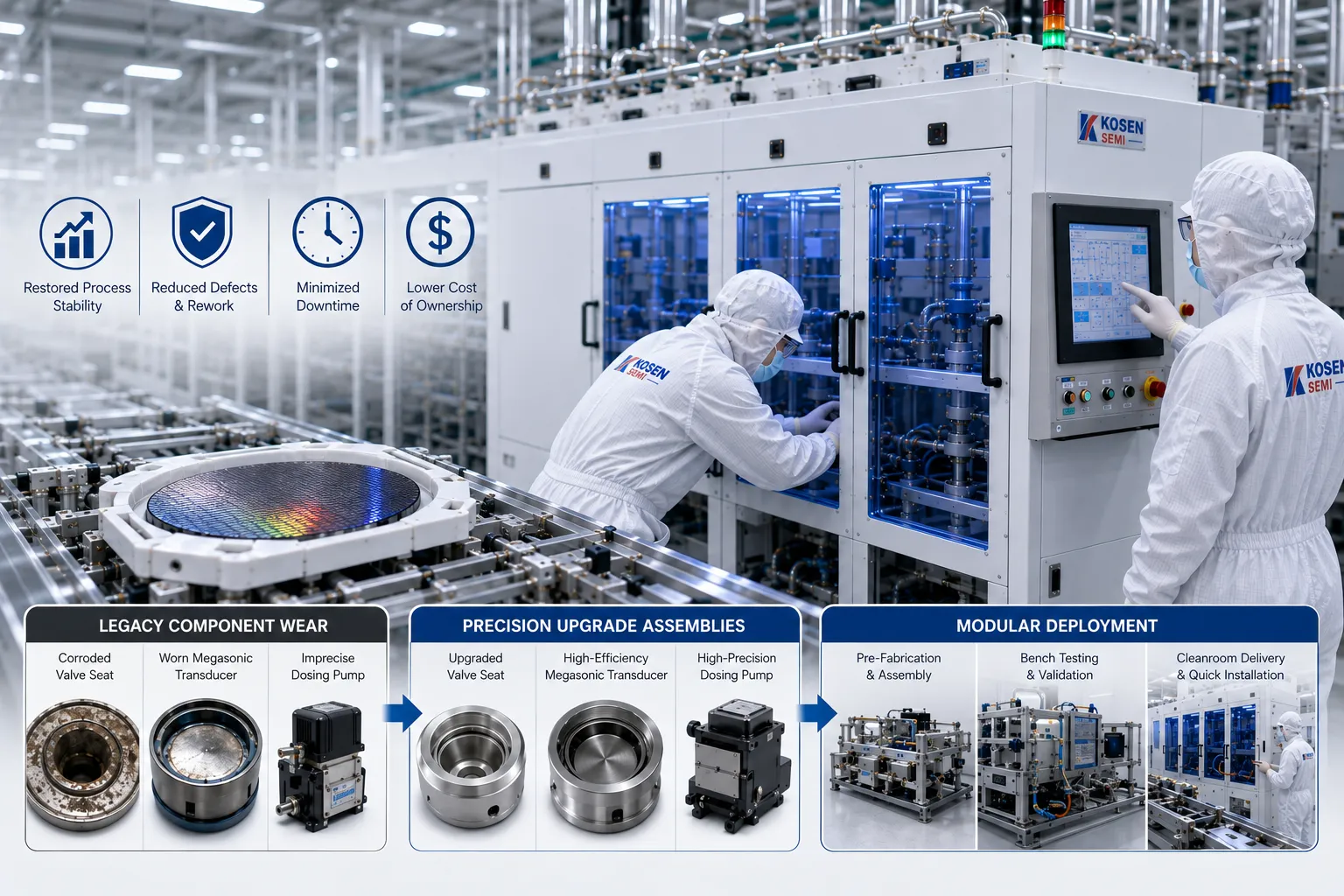 KOSEN SEMI automated wet bench retrofitting hardware components including Megasonic generator and PFA fluidic manifolds