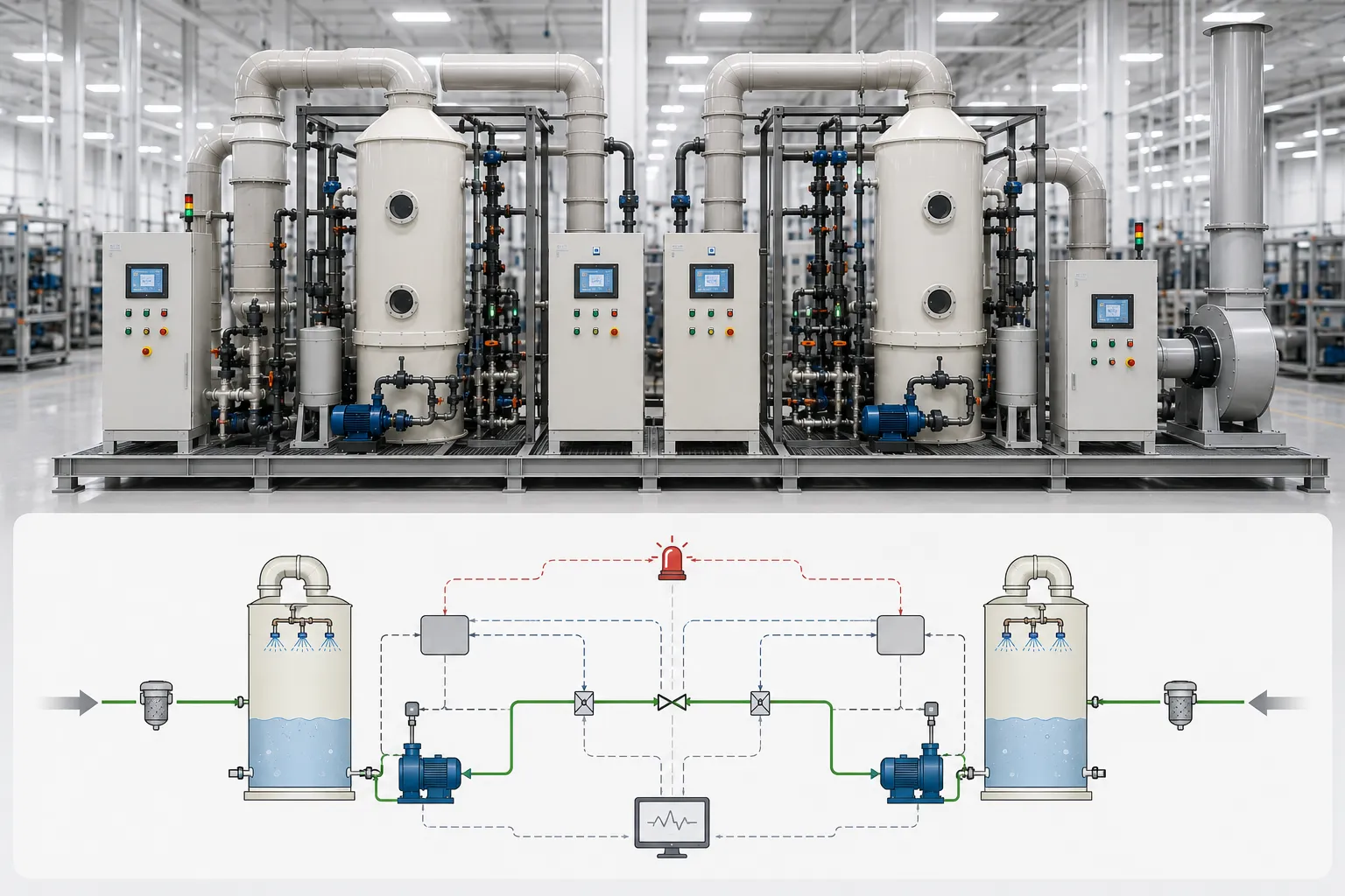 KOSEN SEMI wet scrubber dual redundancy safety architecture diagram showing pH monitoring, liquid level interlocks, automated chemical dosing, and emergency backup fan failover