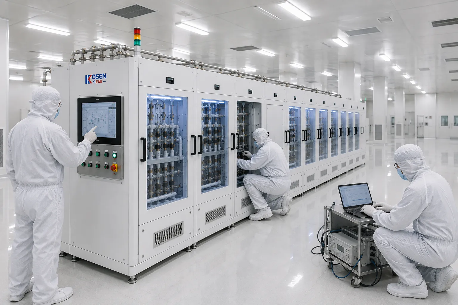 KOSEN SEMI field engineer executing wet bench installation process in cleanroom