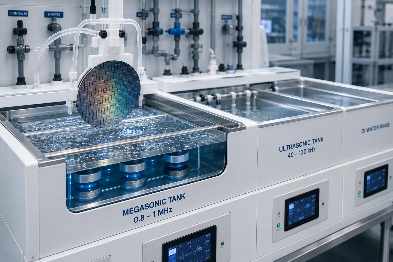 Megasonic cleaning tank for 200 nm standard particle removal, optimized down to 100 nm on semiconductor wafers