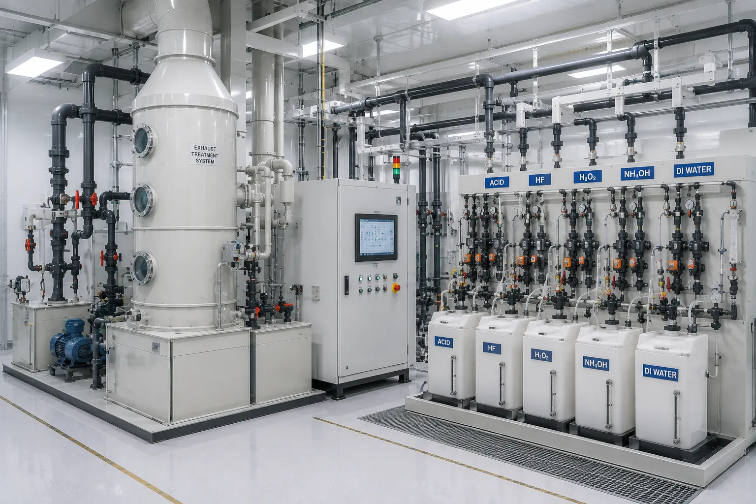 Exhaust gas scrubber and chemical delivery system for semiconductor wet process safety and compliance