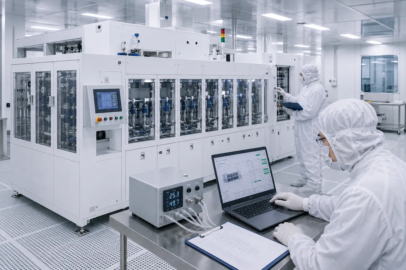 Semiconductor wet equipment testing and cleanroom assembly environment