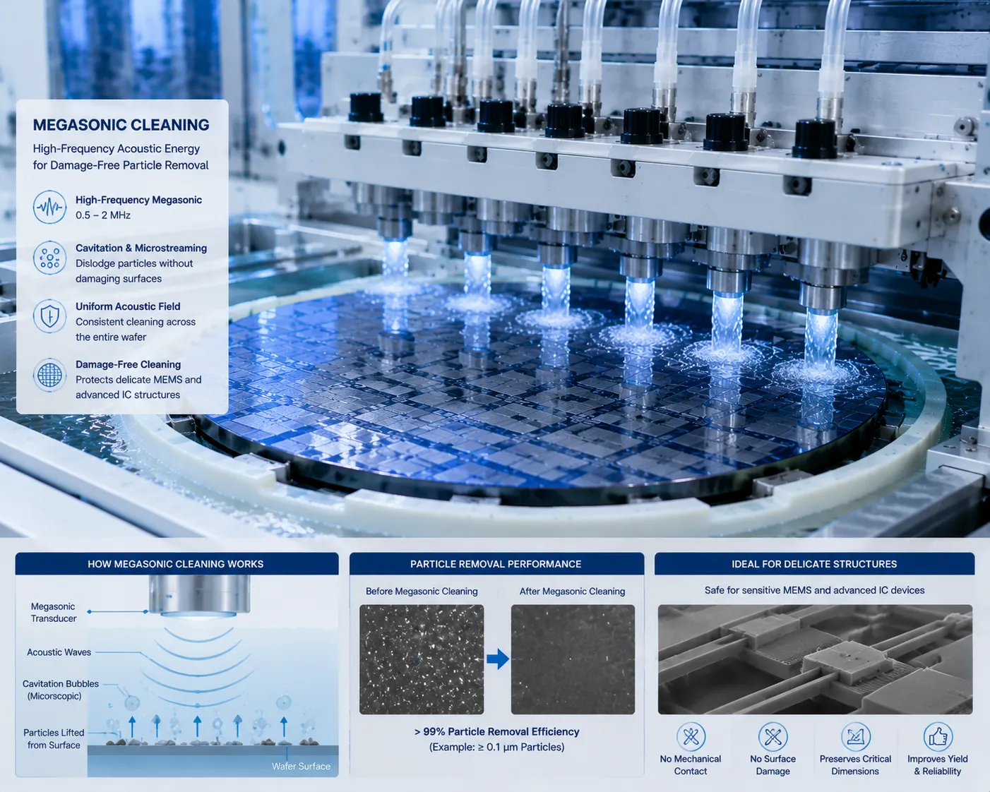 Megasonic transducer array cleaning 200 nm-class particles from delicate MEMS structures
