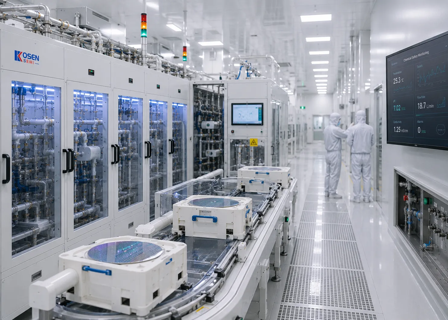 KOSEN SEMI semiconductor wet bench installation in an ISO Class 5&ndash;7 cleanroom environment