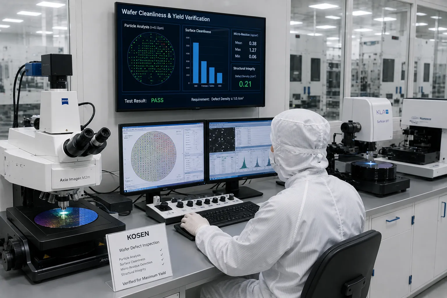 KOSEN SEMI ISO Class 5&ndash;7 cleanroom manufacturing facility and wafer defect control testing center