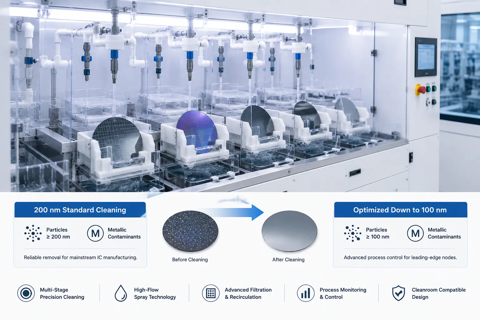 High efficiency cleaning megasonic transducer and QDR module setup