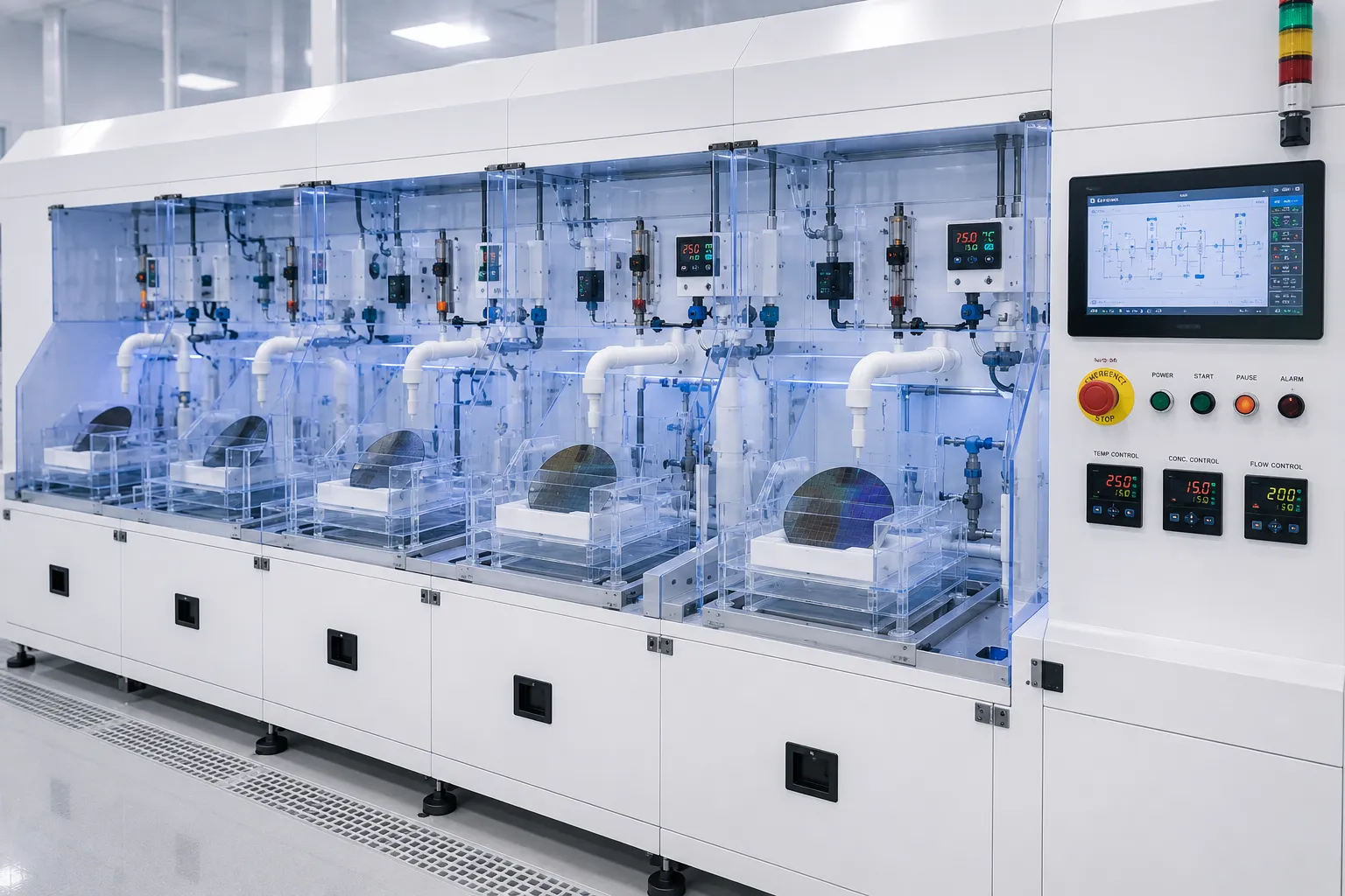 Precision wafer etching bench with chemical filtration and temperature control