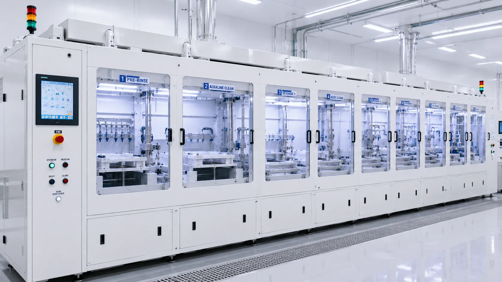 Multi-stage inline cleaning system for high throughput chemical etching and washing
