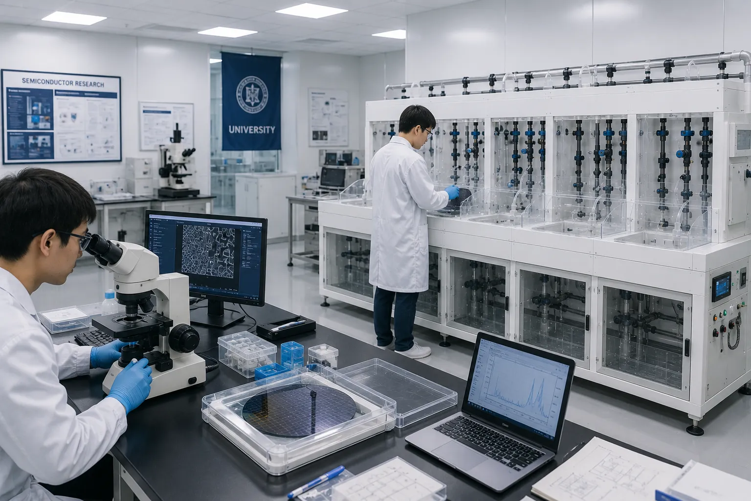 University semiconductor labs equipped with KOSEN SEMI manual wet bench systems for wafer R and D cleaning