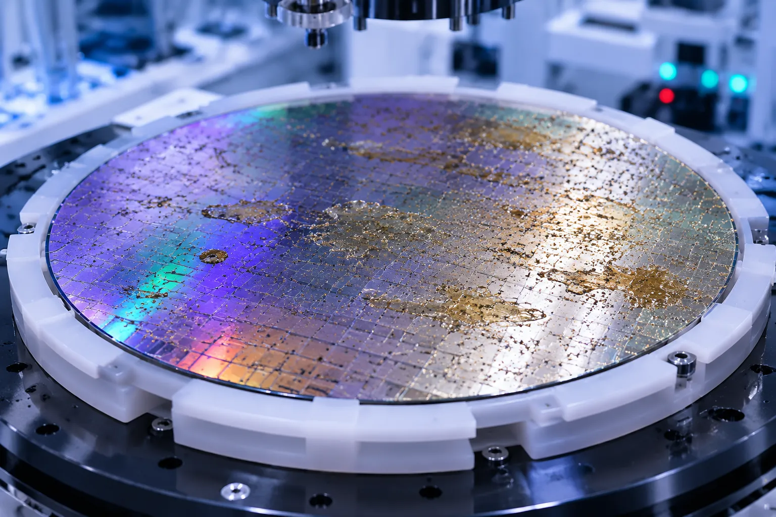 SEM image before advanced semiconductor packaging cleaning showing organic flux residue