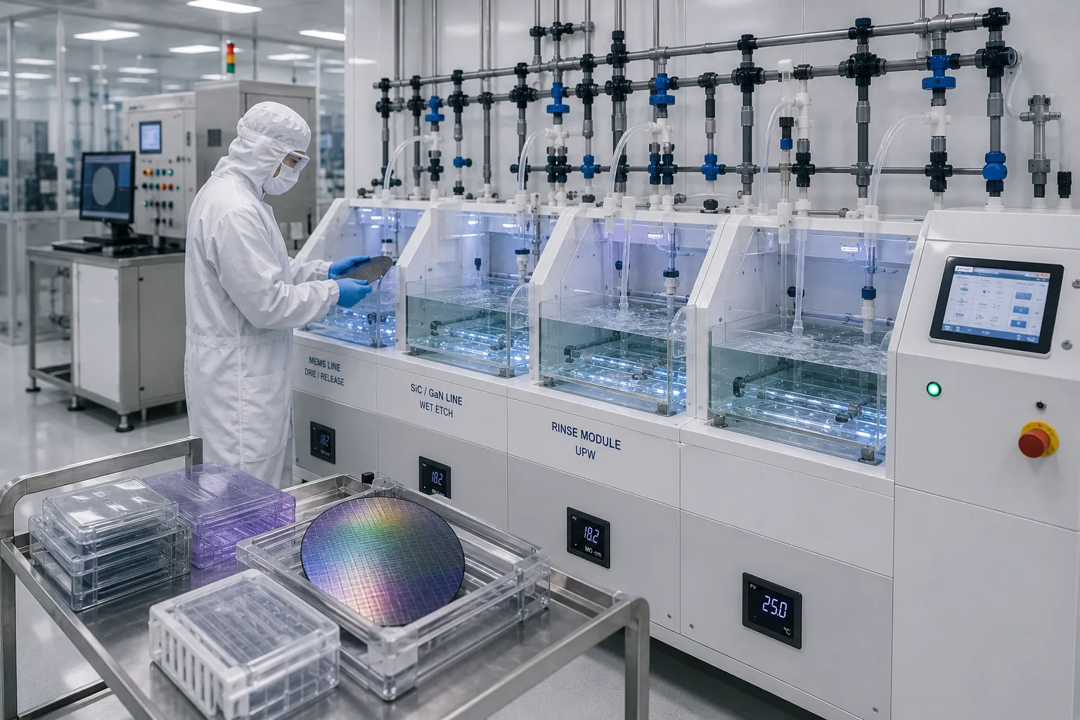 MEMS low-volume production line featuring manual wet bench equipment for compound semiconductor manufacturing