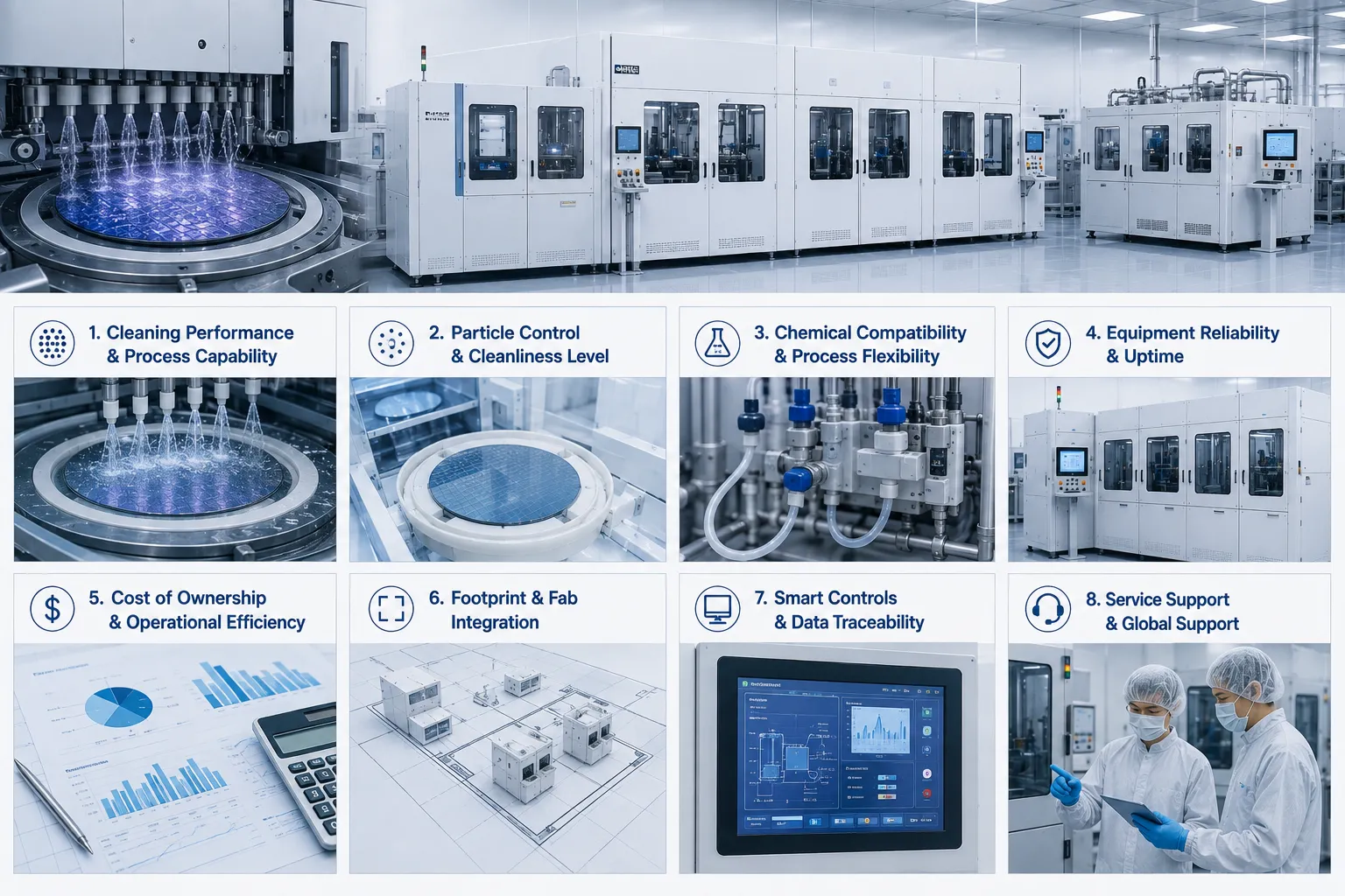 Wafer cleaning equipment selection evaluation framework showing process compatibility, automation, and semiconductor COO dimensions
