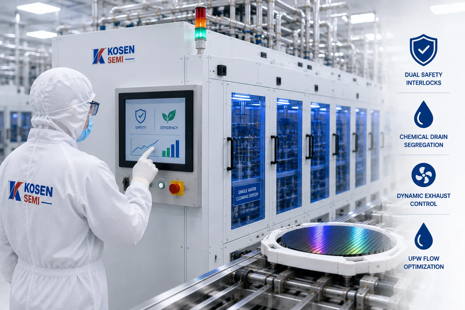 KOSEN SEMI cleanroom safety interlock system and chemical drain segregation upgrade for automated wet bench